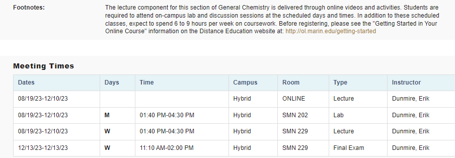 Example of footnotes in the online schedule of classes