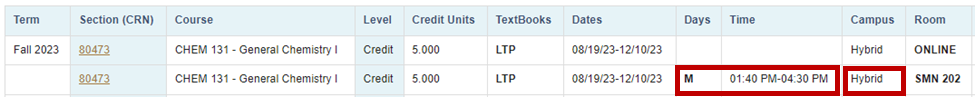 Example of hybrid course in course schedule with day and times highlighted