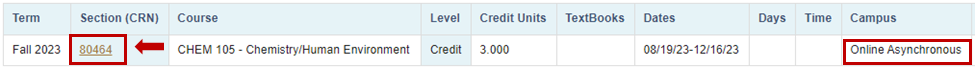 Example of online asynchronous course in class schedule with CRN highlighted