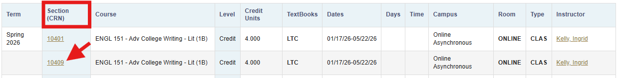 Section (CRN) column highlighted with arrow pointing to CRN 10409