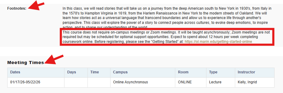 Footnotes of online asynchronous course noting that no in-person meetings required.
