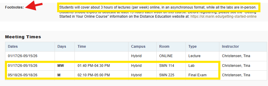 Hybrid example noting lecture as online and in-person labs