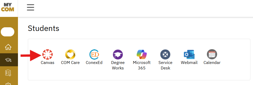 MyCOM Dashboard with arrow pointing to Canvas icon